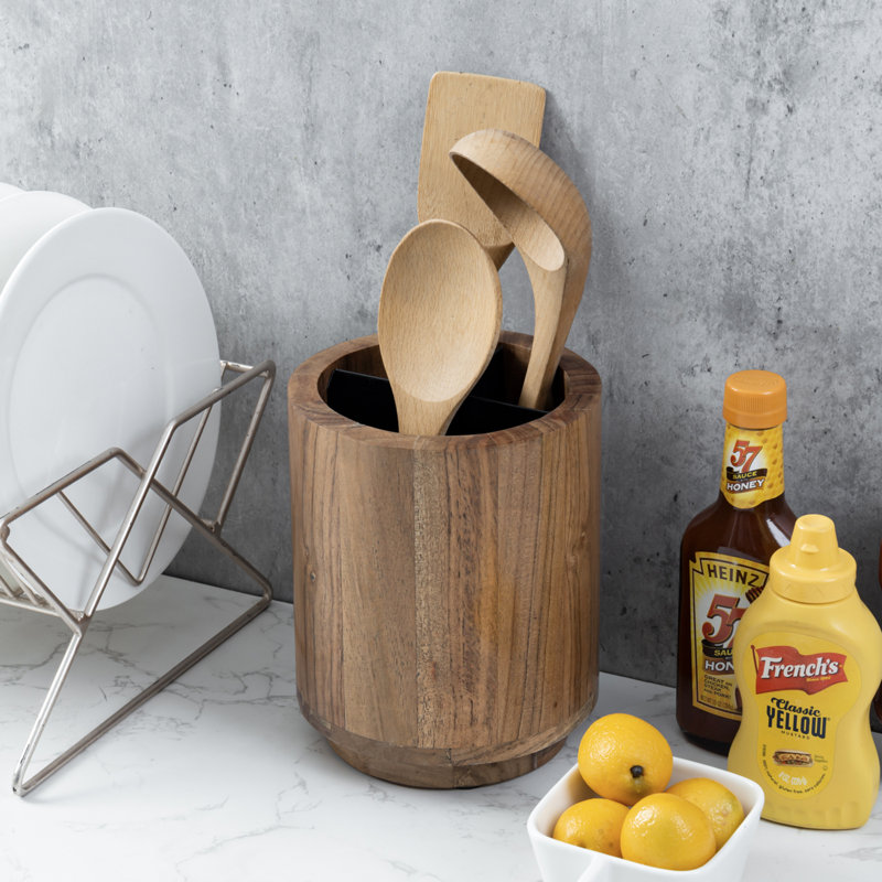 Solid Wood Cylinder Utensil Crock