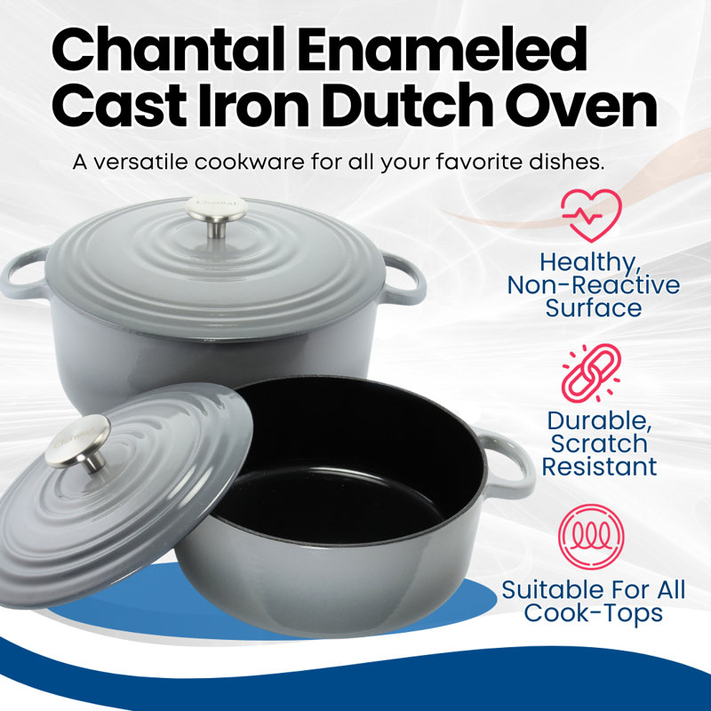 Chantal Cast Iron Round Dutch Oven, Fade Grey, 7 Qt
