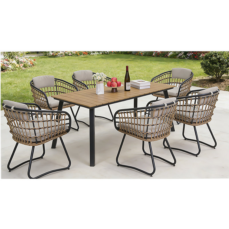 Ensemble repas 7 pièces en osier avec table en bois d'acacia