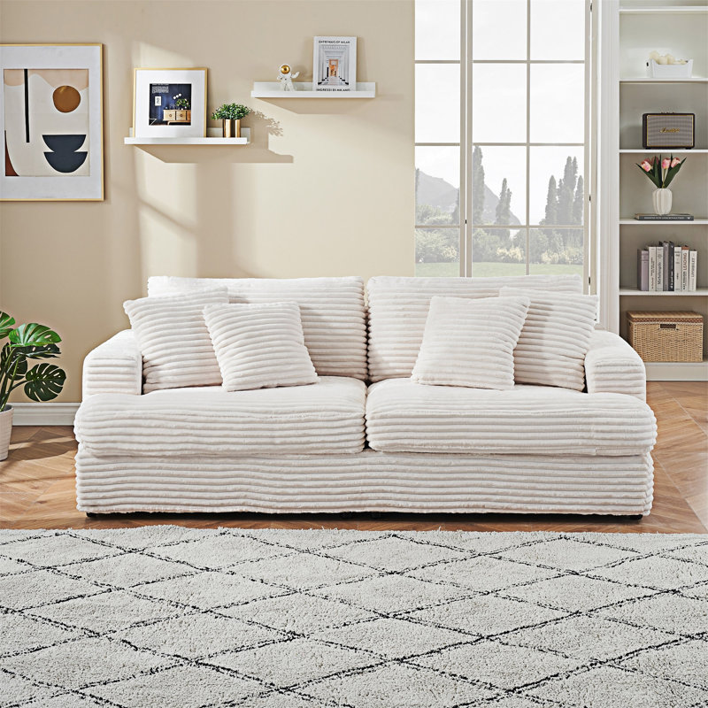 Upholstered Sofa With Throw Pillows, White