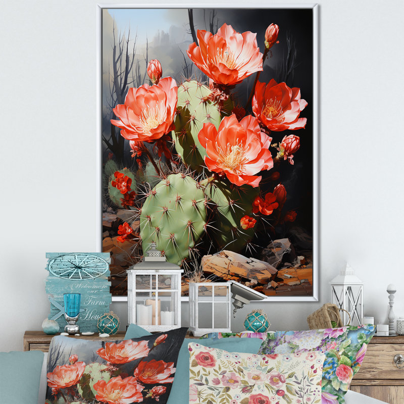 Cactus Ruby Blooms - décoration murale cactus, H 20 po x l 12 po x P 1 po, Cadre flottant blanc