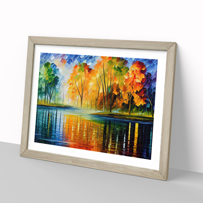 Pond By An Autumn Forest Abstract - Single Picture Frame Painting, Oak, 46cm H x 64cm W x 2cm D
