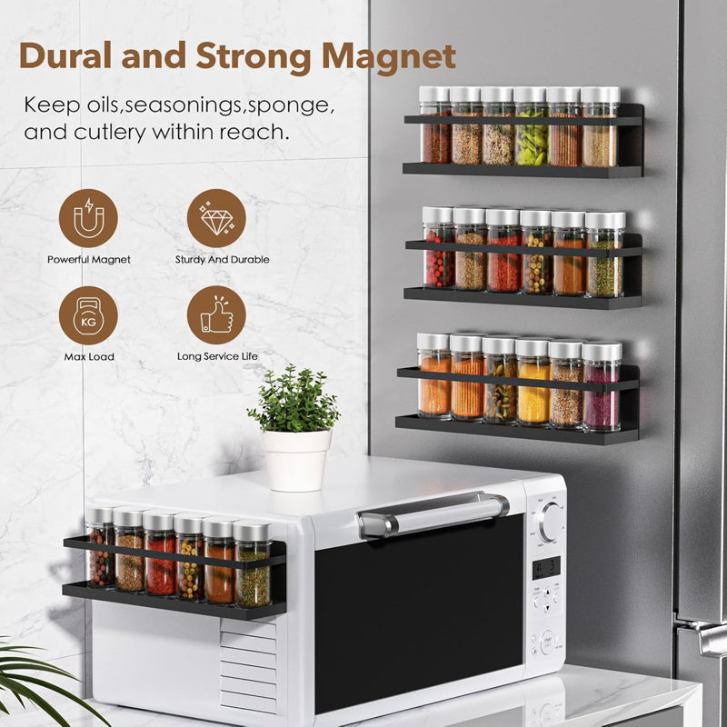 Ensemble de 2 étagères à épices magnétiques noires pour réfrigérateur, étagère de rangement murale pour réfrigérateur pour organisation d'épices de cuisine