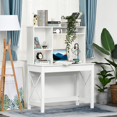 Computer Desk with Storage, Study Table with Bookshelves, White