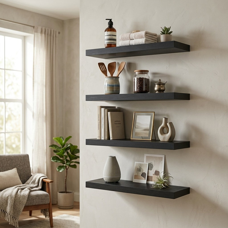 Black Floating Wood Wall Shelves for Versatile Storage & Modern Decor