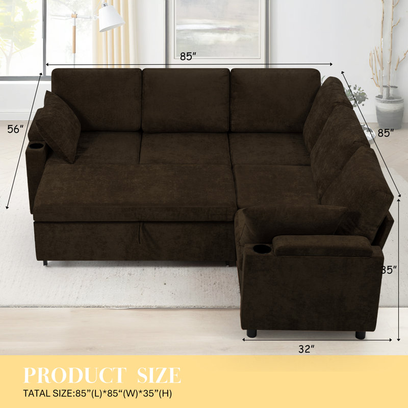 Canapé-lit modulaire 85 po en chenille 85 po avec ports de chargement USB et lit escamotable pour le salon, Brun