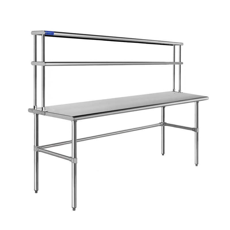 Table ouverte en acier inoxydable avec tablette à deux niveaux, H 67 po x l 60 po x P 30 po