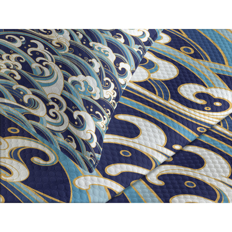 Nautical Ocean Waves Pattern Quilted Queen Bedspread Set