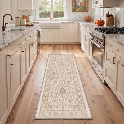Tapis de couloir oriental traditionnel ivoire/beige, performant, à poils courts, lavable et antidérapant