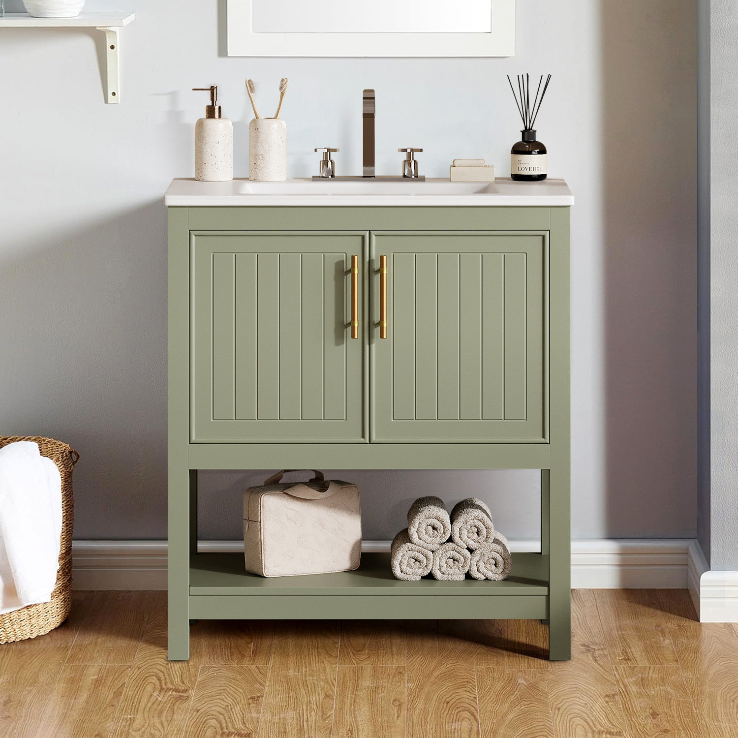 30" Bathroom Vanity With Ceramic Sink And Versatile Storage