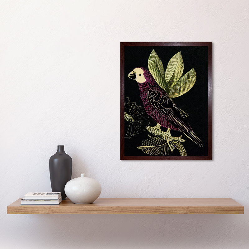 Parrot Leaves Tree Branch Vintage Linocut - Print, 43cm H x 33cm W x 2cm D, Brown Framed Unframed