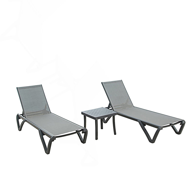 Ensemble de 3 chaises longues de patio, chaises longues d'extérieur avec table, chaises longues de piscine, Grey