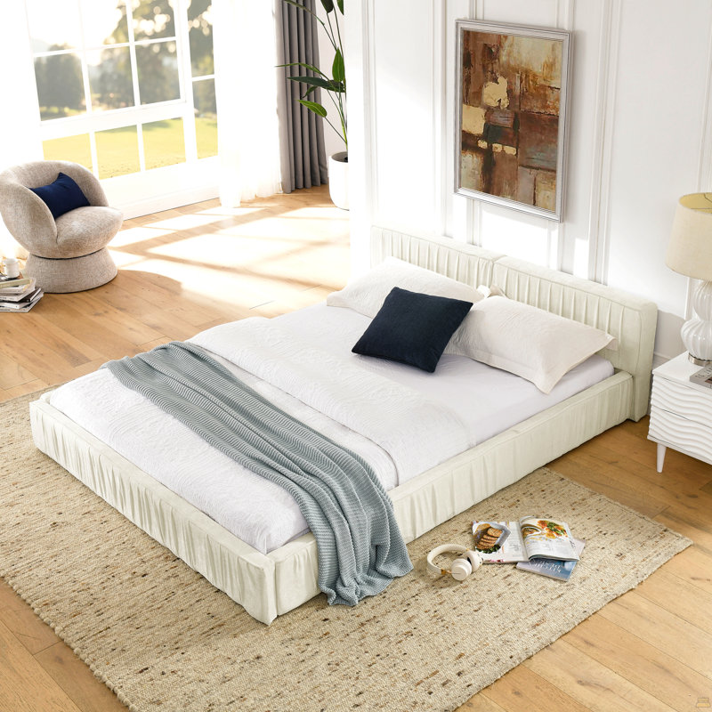 Queen Size Upholstered Bed Frame With Chenille Fabric With Pleated Design,Grounded Queen Size Platform Bed With Headboard And Solid Frame，No include  Box Spring