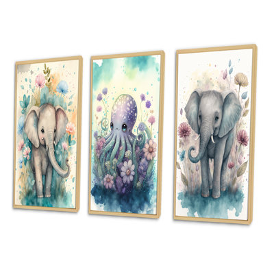 «Cute Little Baby Elephant In The Flowers», 3 pièces sur toile