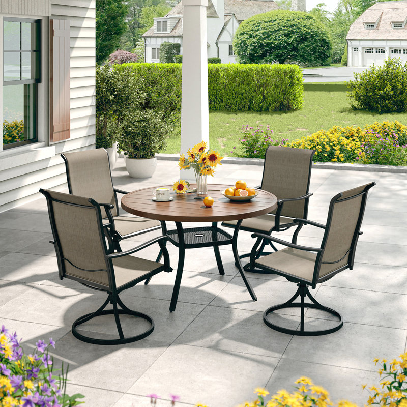 Table de salle à manger ronde en métal avec trou pour parasol, L 41,7 po x L 41,7 po x H 27,9 po, Noyer / noir