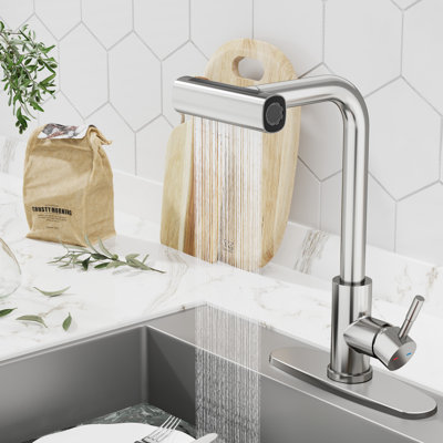 Robinet de cuisine en cascade, robinet de cuisine rétractable à poignée simple 4 modes, installation à 1 ou 3 trous, pivotant à 360 °