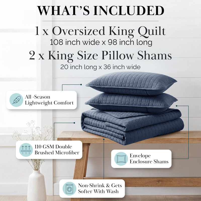 Southshore Fine Linens Vilano Oversized Quilt Set, Double-Brushed Microfiber Lightweight Quilted Bedding with Waffle Geometric Pattern and 2 King Pillow Shams, King/California King, Dark Blue