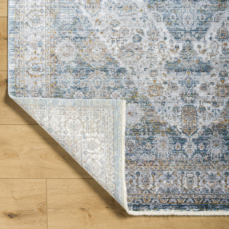 Tapis oriental bleu foncé en viscose / polyester / acrylique tissé à la machine, Rectangle 9 pi x 12 pi
