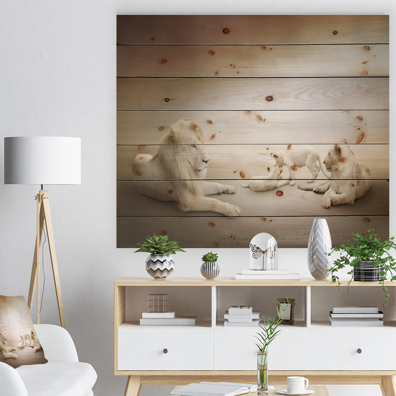 Animal «White Lion Family», impression, H 30 po x l 40 po x P 1,5 po, Bois