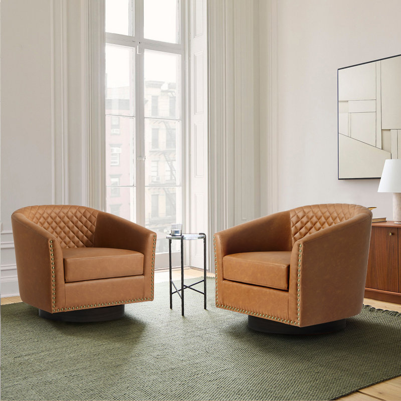 75.2Cm Wide Tufted Swivel Barrel Chair, Coffee Faux Leather