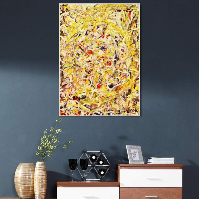 Encadré giclée sur toile par Jackson Pollock, art mural abstrait, décorations pour la maison (cadre mince blanc, 24 x 32)