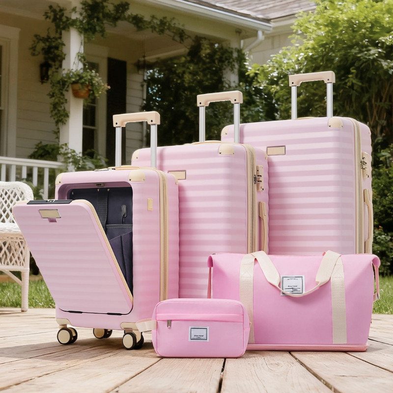 Ensemble de 5 valises extensibles à ouverture frontale avec roulettes 5 pièces TSD Lock Port USB Porte-gobelet et sac de toilette