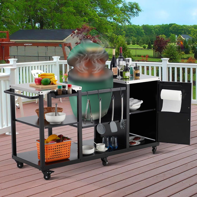 Grill Table For Egg Style Kamado Griller, Heavy Duty Outdoor Grill Station Prep Table With Storage, Garbage Bag Holder, Hooks, Paper Towel Rack, Wheels, Compatible With Egg Kamado Griller