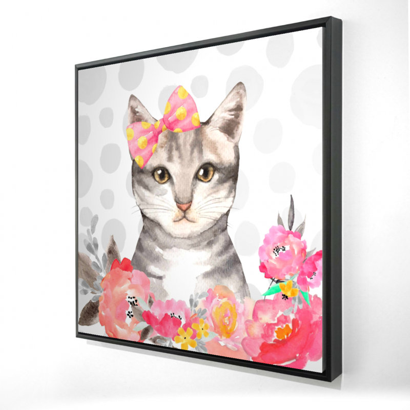 Charmant chat - Toile encadrée illustrative blanche pour la décoration intérieure