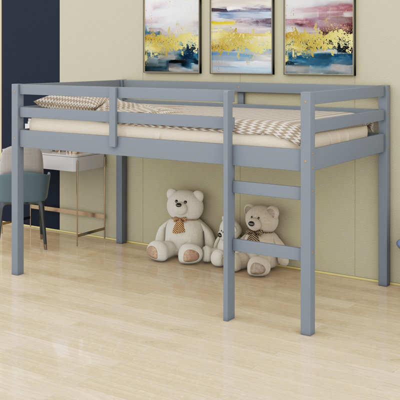 Lit mezzanine en bois robuste avec échelle et support à lattes robuste, Gris