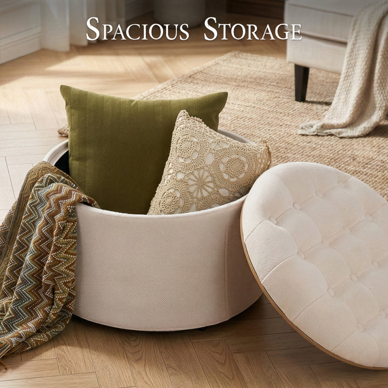 Charleroi 23.5" Wide Round Upholstered Ottoman With Storage, Coffee Table Ottoman, Beige