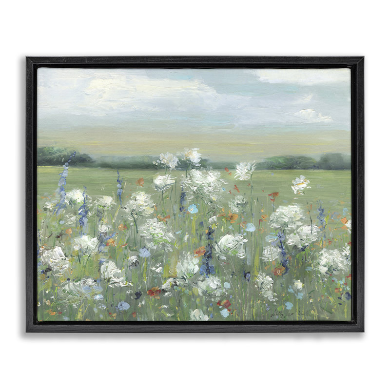 Fleurs de prairie tachetées dans un champ, Cadre flottant noir de jais, H 17 po x l 21 po