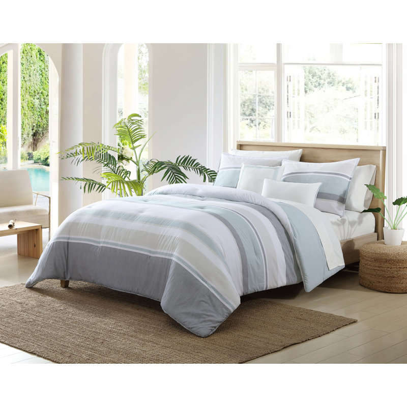 Full Blue Cotton Reversible Comforter Set with Decorative Pillows