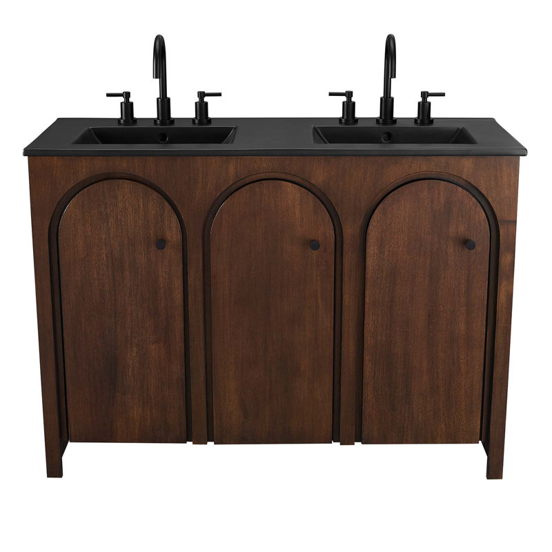 Meuble-lavabo double 48 po avec plateau en céramique Modway Appia, Noir, Noyer