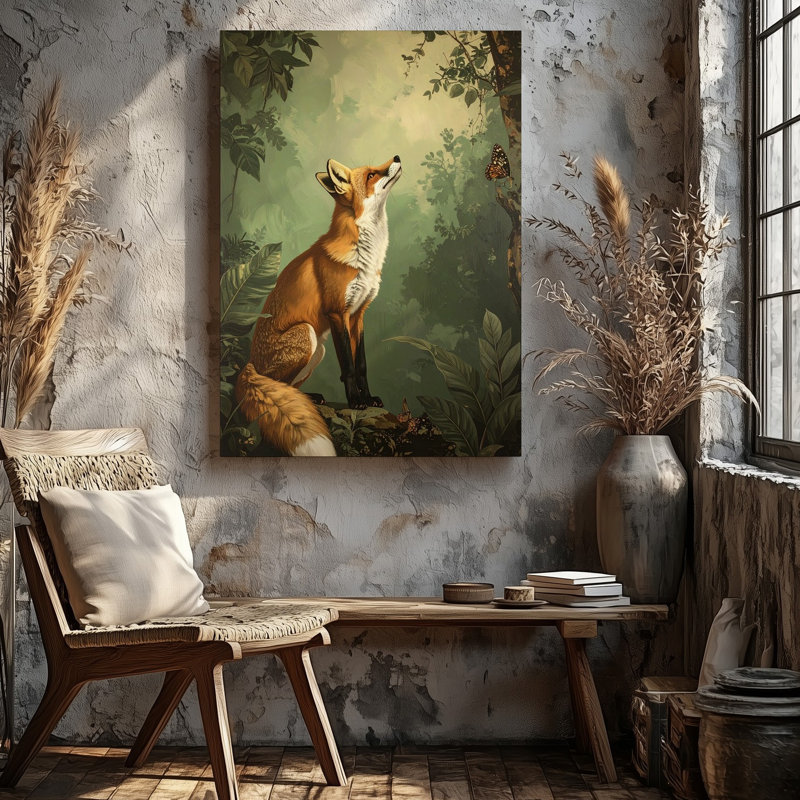 Sur toile, peinture fantaisiste mettant en vedette un renard assis gracieusement contre une forêt luxuriante de qualité supérieure
