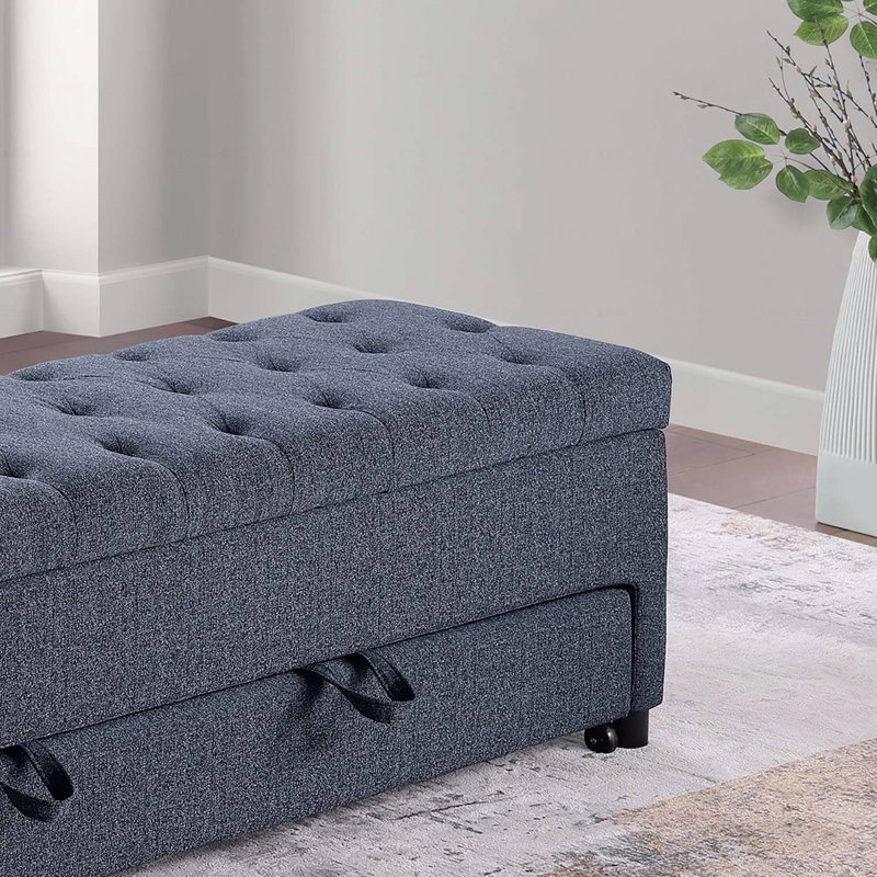 Repose-pieds capitonné bleu et gris avec fonction de rangement et tiroir sous le siège, capitonné, Bleu gris
