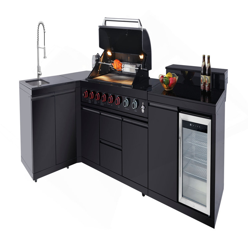 Îlot de cuisine extérieur 95,8 pouces 6 + 1 brûleur barbecue au gaz propane 95 500 BTU acier inoxydable 304 avec certification CSA, ETL + évier + réfrigérateur + table de bar