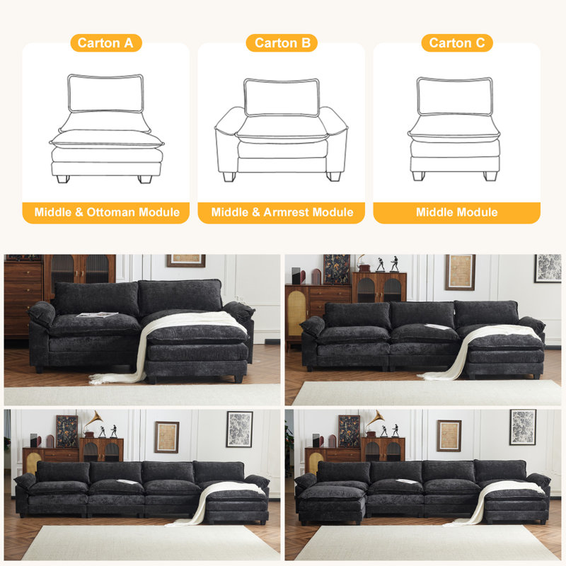 Ensemble de salon en chenille noire multi-coussins avec accoudoirs Alberty (1 canapé et 2 causeuses), Chenille noir