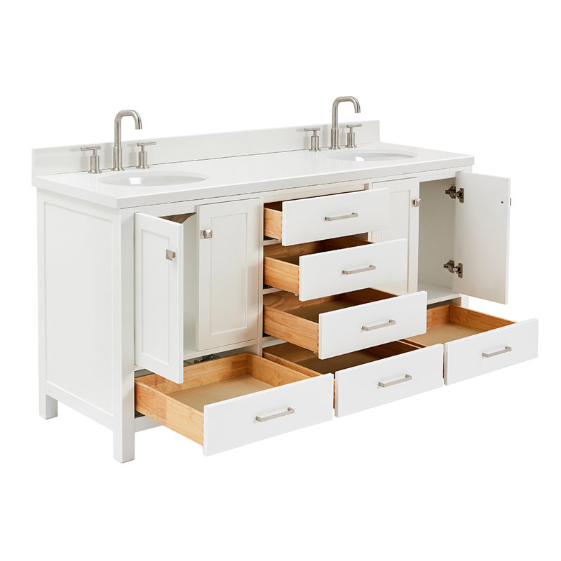 Cambridge 67'' Double Bathroom Vanity with White Quartz Top, White / Brushed Nickel