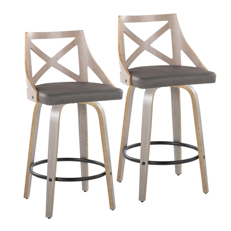 Tabouret de comptoir à hauteur fixe de 26 po avec pieds en bois courbé et repose-pieds rond Dannie, Light Grey Wood/Black