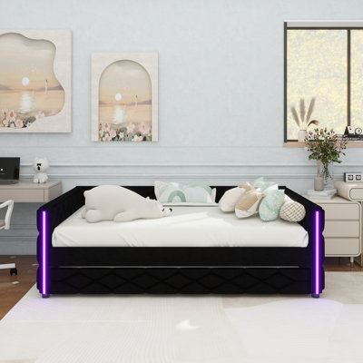 Full XL Size Upholstered Daybed With Trundle And LED, Black