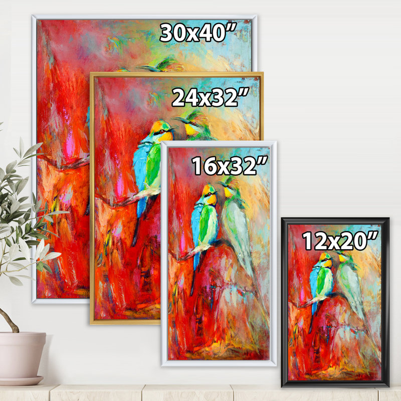 «Blue Tailed Bee Eaters on a Branch», peinture sur toile, H 32 po x l 16 po x P 1 po, Cadre flottant noir