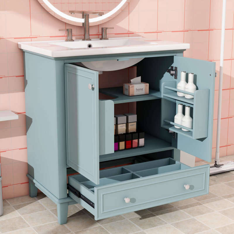 Meuble-lavabo simple 30 po avec lavabo, cadre en bois massif et panneau de fibres à densité moyenne avec 1 tiroir et 2 portes
