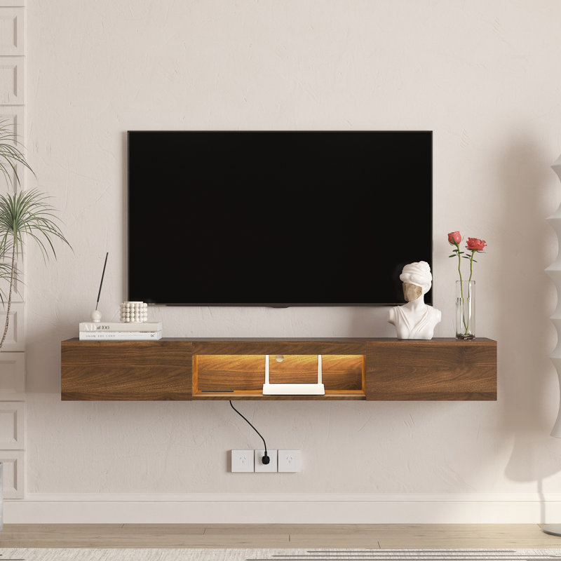 Meuble télé flottant fixé au mur avec 16 lumières à DEL, centre de divertissement moderne, Bois