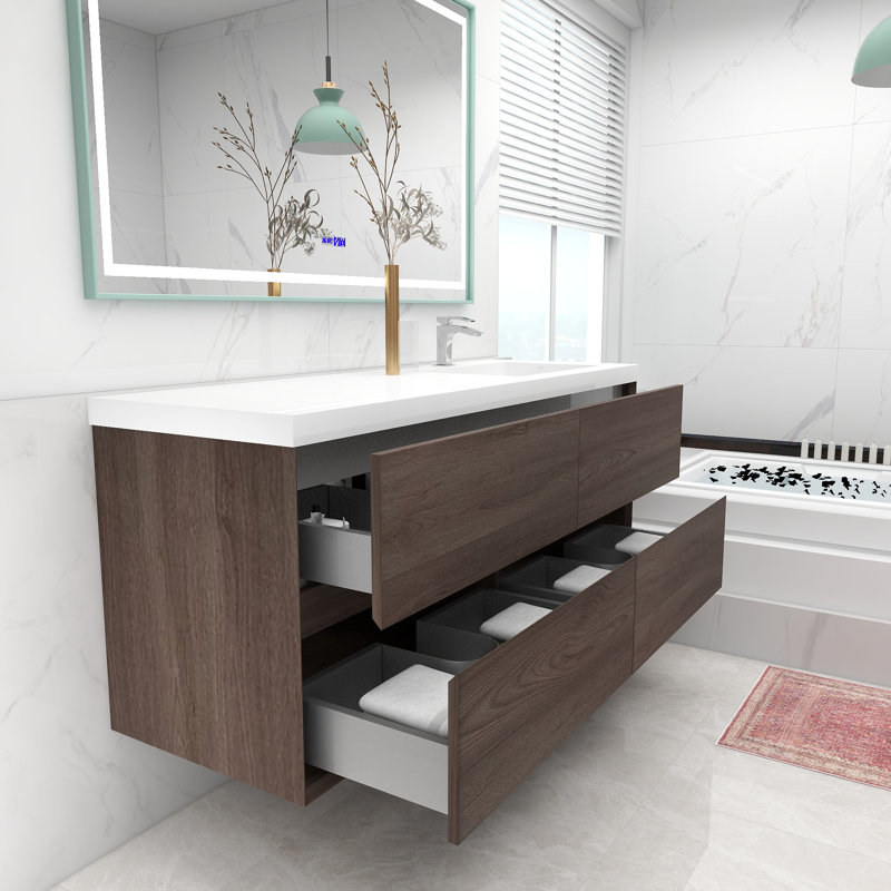 Ensemble de meuble-lavabo mural simple 60 po Moncear, Chêne rouge