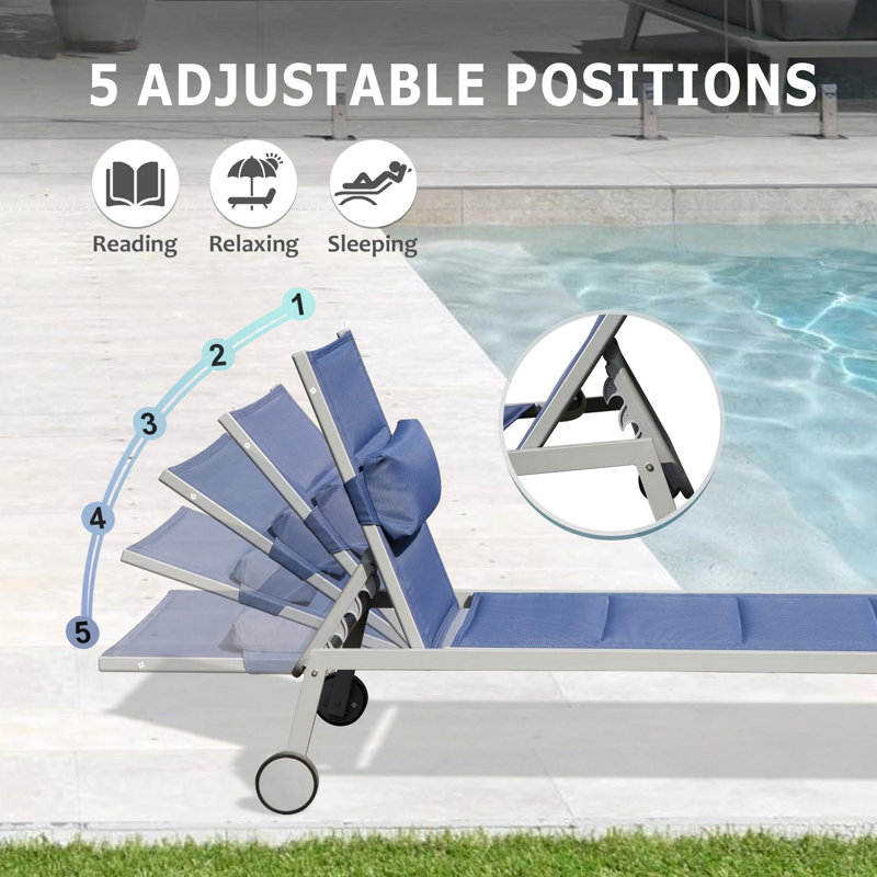 Outdoor Patio Chaise Lounge Set Of 3, Aluminum Pool Lounge Chairs With Side Table And Wheels, Textilene Padded Adjustable Recliner All Weather For Poolside, Beach, Yard, Balcony