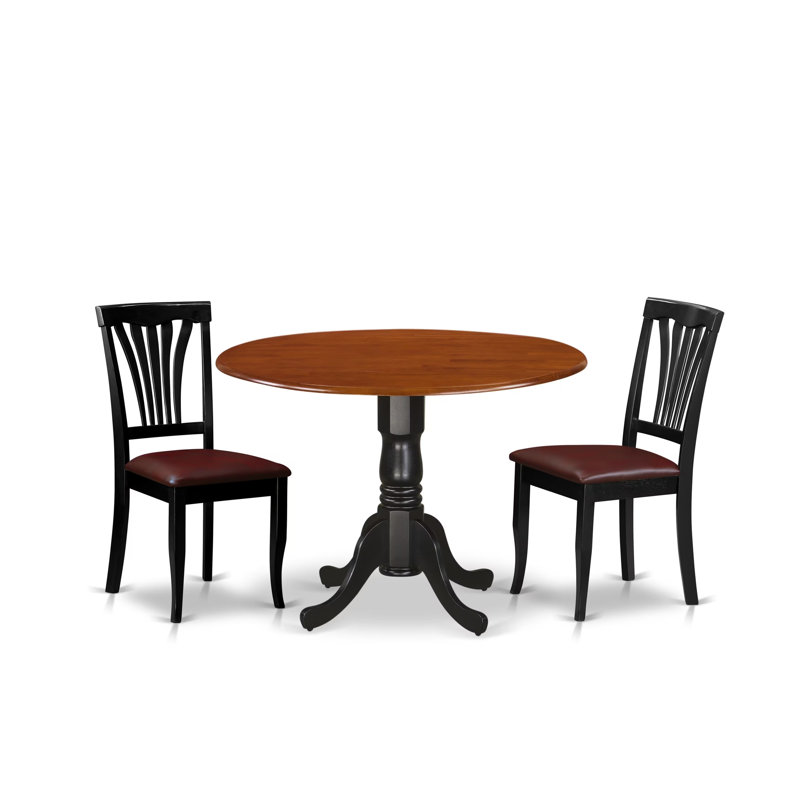 3 Piece Modern Dining Table Set Contains a Round Wooden Table with Dropleaf and 2 Faux Leather Kitchen Dining Chairs, 42x42 Inch, Black & Cherry