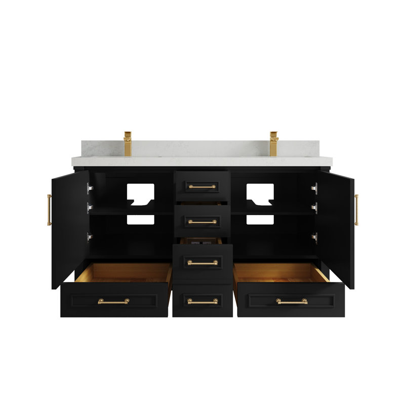 Ensemble de meuble-lavabo double 60 po Aberdeen, Quartz de Carrare, Noir