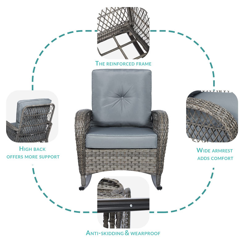 Gray Wicker Rocking Chair Set with Cushions and Glass-top Table
