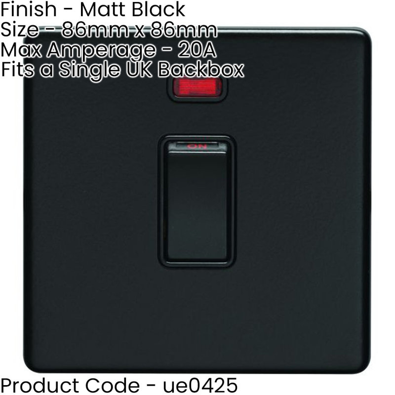 1 Gang 20A Single Light Switch & Neon SCREWLESS MATT BLACK 2 Way Rocker Plate, Matte Black, Black