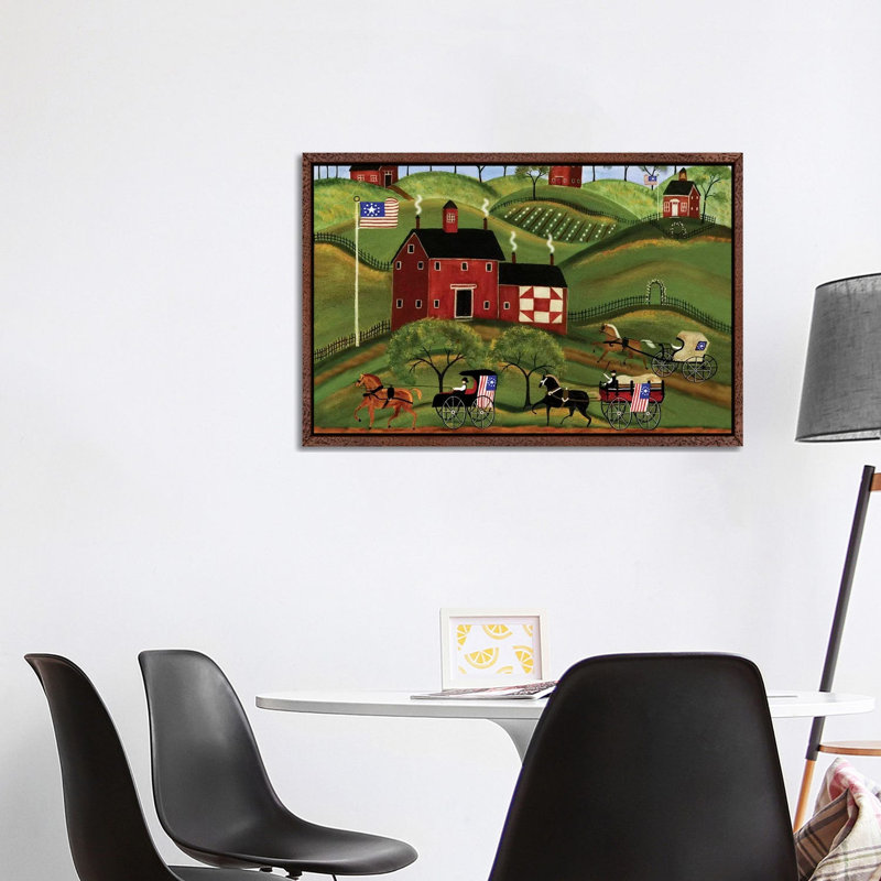 4th Of July Country Parade by Cheryl Bartley - Painting on Canvas, Classic Brown Wood Framed